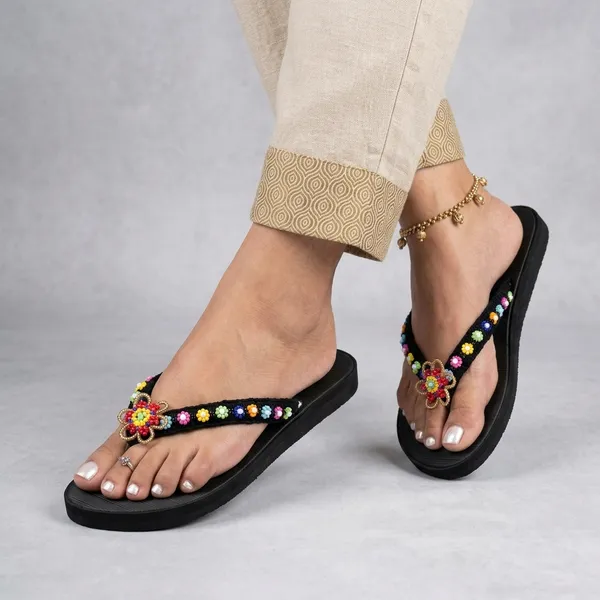 Black_Synthetic_Crochet_Bead_Daisy_Flower_Flip_Flops_For_Women
