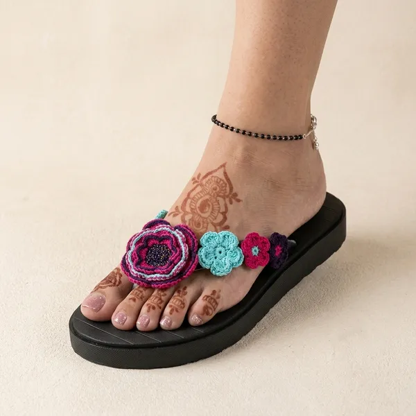 Black_Synthetic_Crochet_Flower_Flip_Flops_For_Women