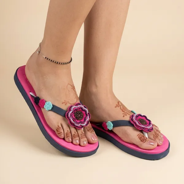 Pink_Synthetic_Crochet_Flower_Flip_Flops_For_Women