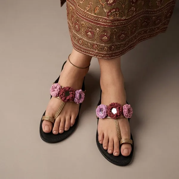 Antique_Gold_Synthetic_Crochet_Flower_Kolhapuri_Slippers_For_Women
