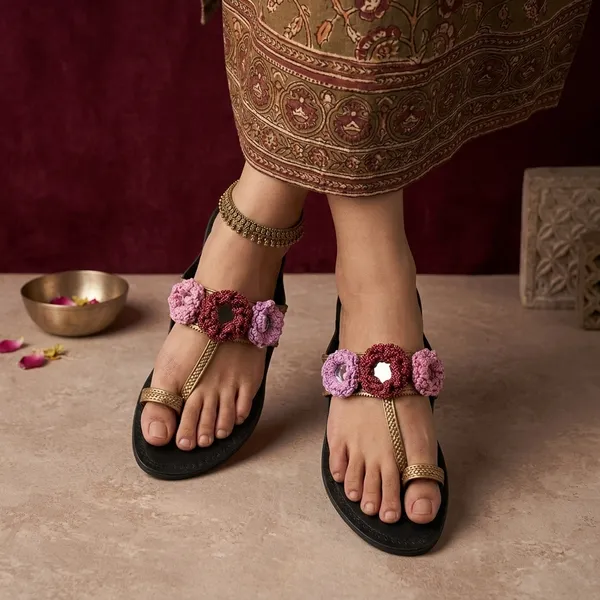 Antique_Gold_Synthetic_Crochet_Flower_Kolhapuri_Slippers_For_Women