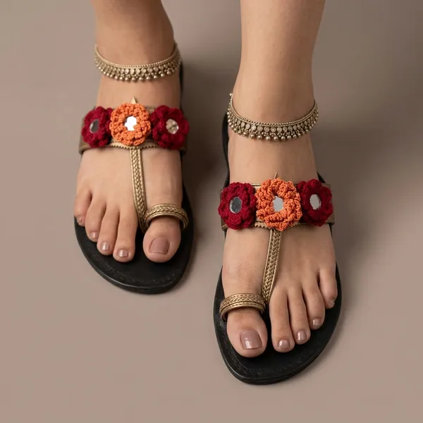 Antique_Gold_Synthetic_Crochet_Flower_Kolhapuri_Slippers_For_Women