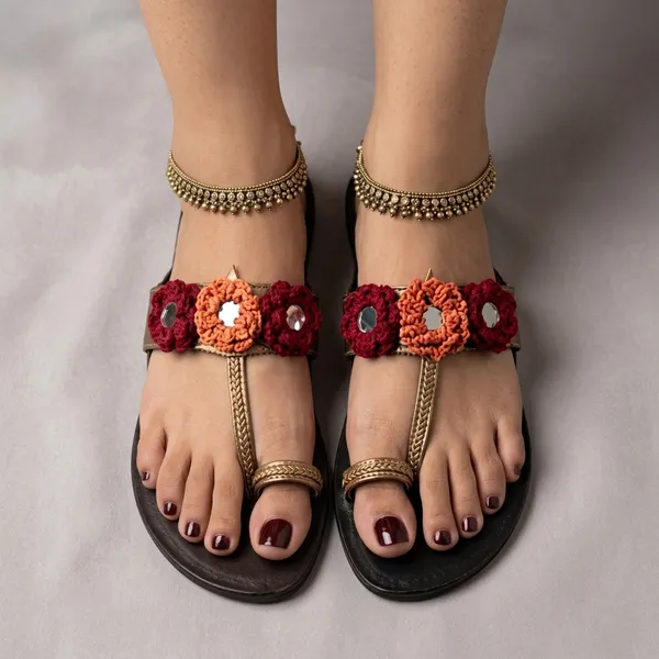 Antique_Gold_Synthetic_Crochet_Flower_Kolhapuri_Slippers_For_Women