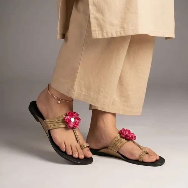 Antique_Gold_Synthetic_Crochet_Flower_Kolhapuri_Slippers_For_Women