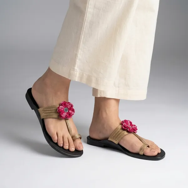 Antique_Gold_Synthetic_Crochet_Flower_Kolhapuri_Slippers_For_Women
