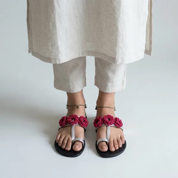 Silver_Synthetic_Crochet_Flower_Kolhapuri_Slippers_For_Women
