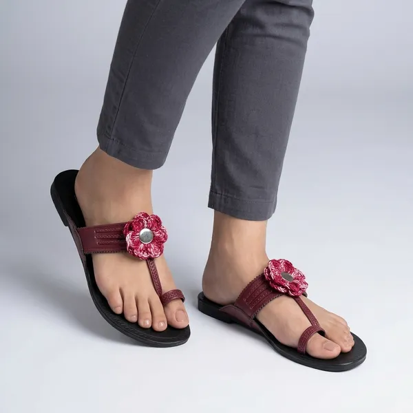 Maroon_Synthetic_Crochet_Flower_Kolhapuri_Slippers_For_Women
