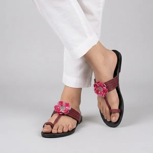 Maroon_Synthetic_Crochet_Flower_Kolhapuri_Slippers_For_Women
