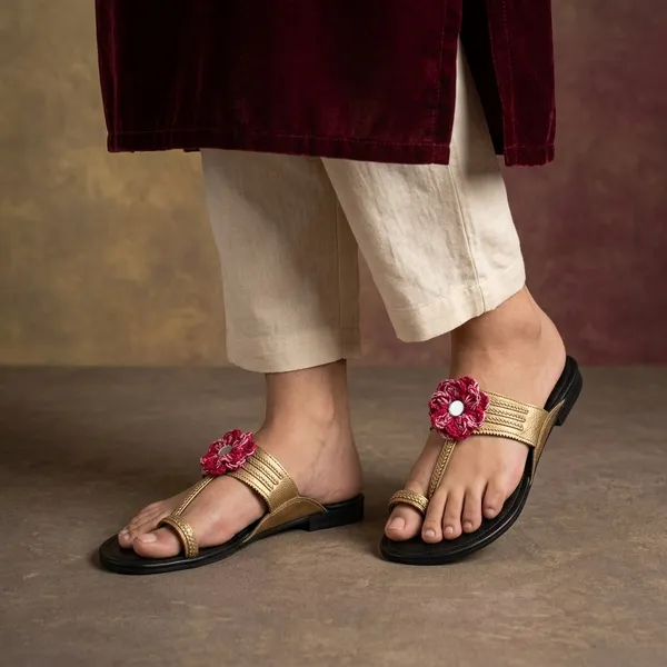 Antique_Gold_Synthetic_Crochet_Flower_Kolhapuri_Slippers_For_Women