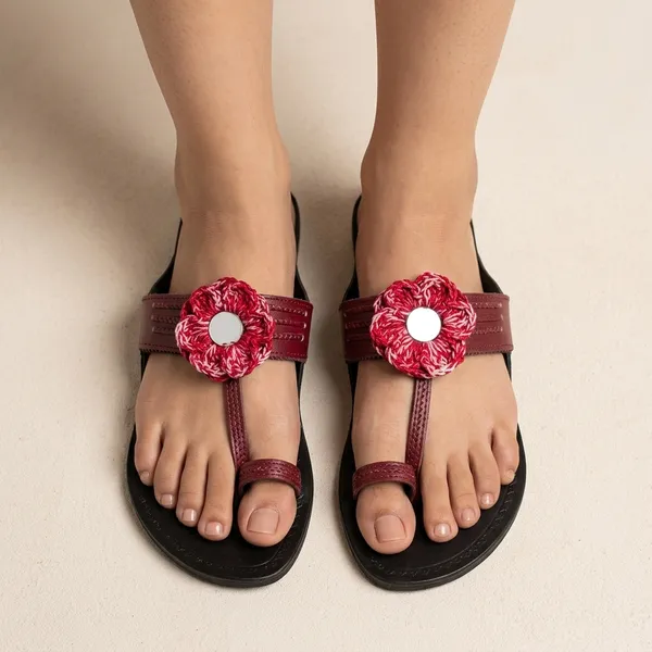 Maroon_Synthetic_Crochet_Flower_Kolhapuri_Slippers_For_Women
