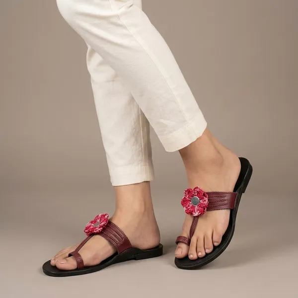 Maroon_Synthetic_Crochet_Flower_Kolhapuri_Slippers_For_Women