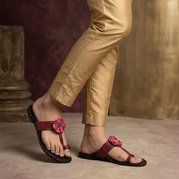 Maroon_Synthetic_Crochet_Flower_Kolhapuri_Slippers_For_Women