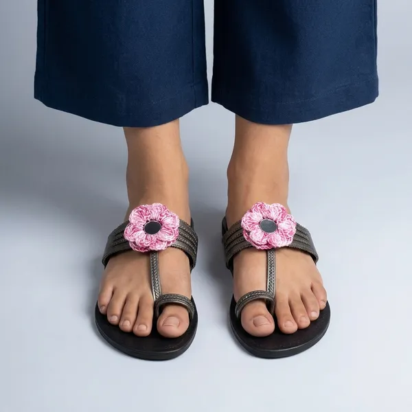 Antique_Silver_Grey_Synthetic_Crochet_Flower_Kolhapuri_Slippers_For_Women