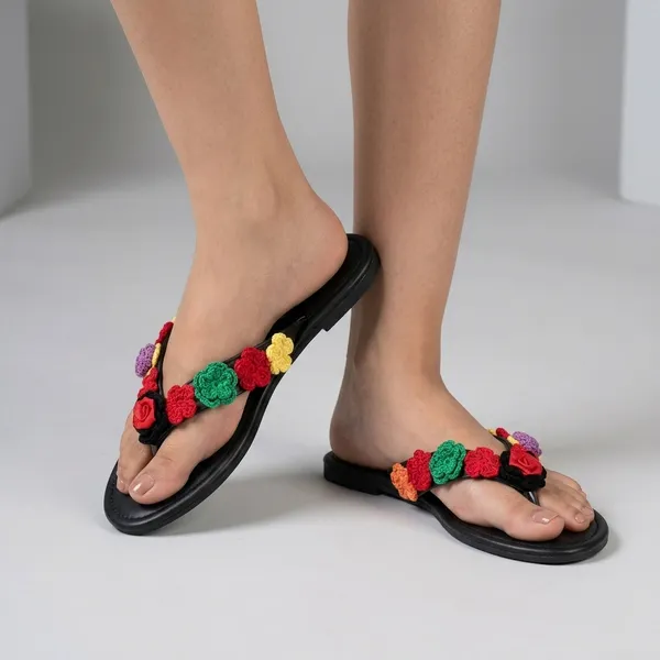 Black_Synthetic_V_Strap_Crochet_Flower_Flats_For_Women