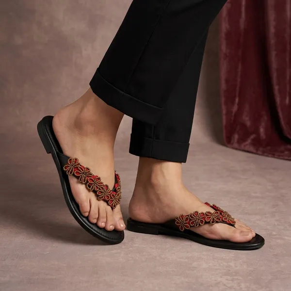 Black_Synthetic_V_Strap_Crochet_Bead_Flower_Flats_For_Women