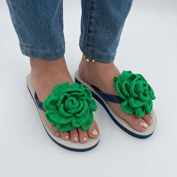 Grey_And_Green_Synthetic_Crochet_Flower_Flip_Flops_For_Women