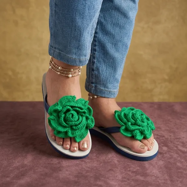 Grey_And_Green_Synthetic_Crochet_Flower_Flip_Flops_For_Women