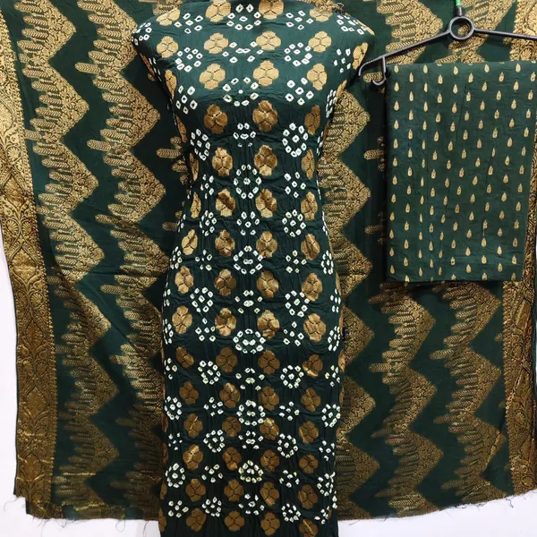Green_Cotton_Bandhni_Handmade_Unstitched_Kurta_Set_With_Dupatta_For_Women
