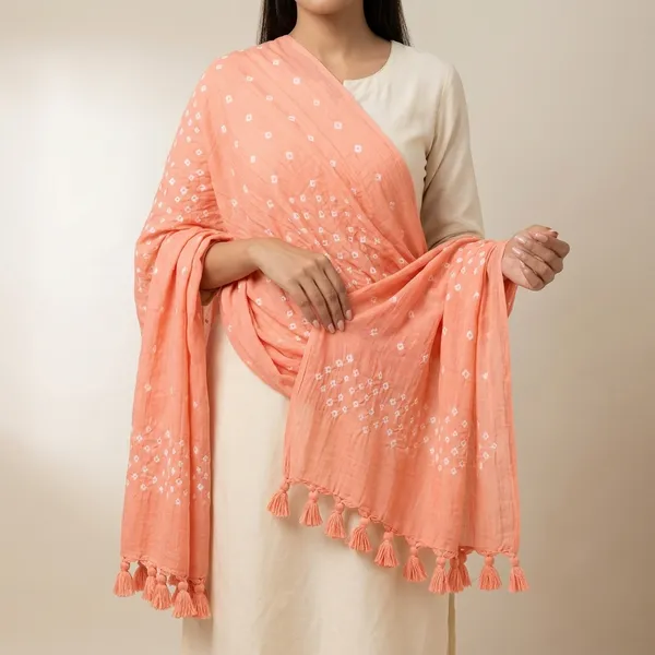 Peach_Viscose_Rayon_Bandhani__Dupatta_For_Women