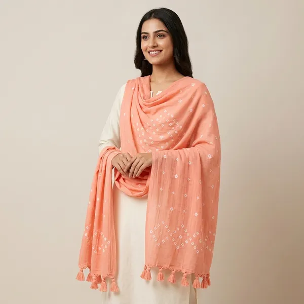 Peach_Viscose_Rayon_Bandhani__Dupatta_For_Women