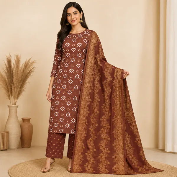 Brown_Cotton_Floral_Print_Unstitched_Kurta_Set_With_Dupatta_For_Women