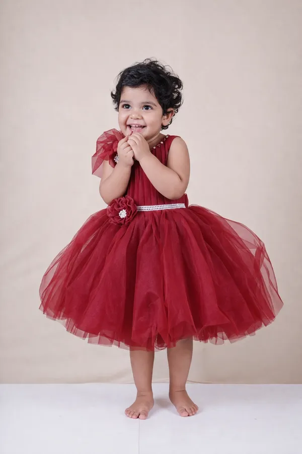 Wine_Red_Soft_Net_One-Shoulder_Layered_Party_Frock_For_Girls