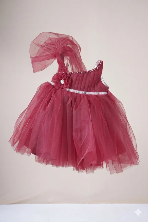 Wine_Red_Soft_Net_One-Shoulder_Layered_Party_Frock_For_Girls