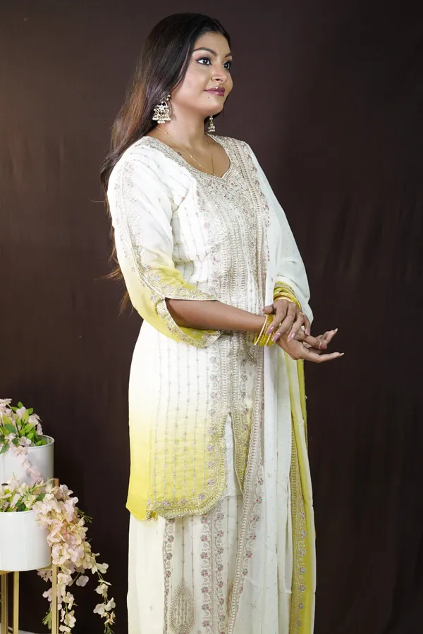 White_And_Yellow_Georgette_Embroidered_Kurti_Palazzo_Set_For_Women