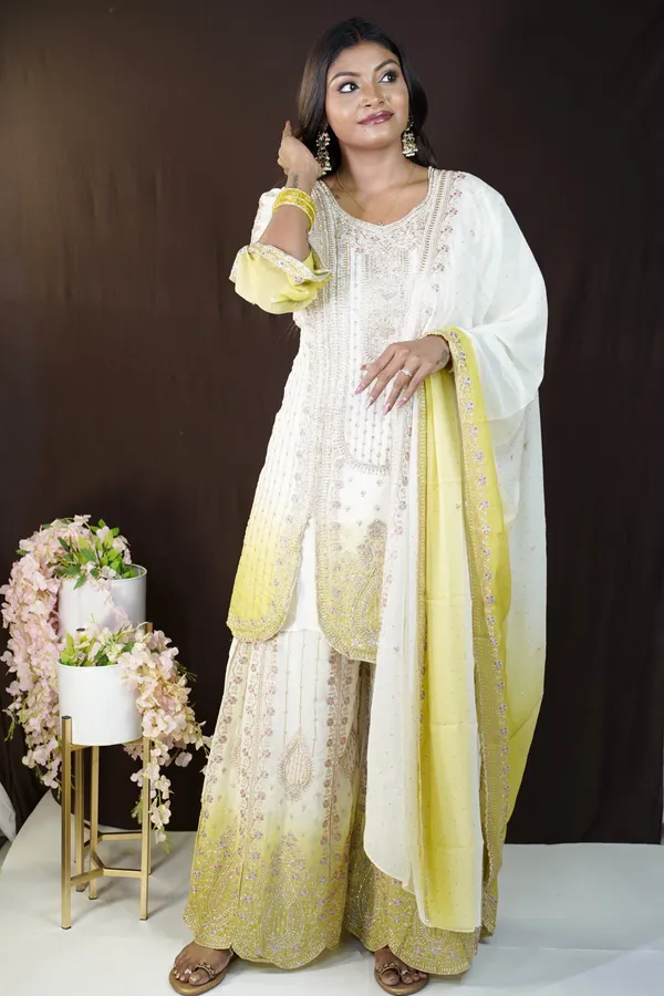 White_And_Yellow_Georgette_Embroidered_Kurti_Palazzo_Set_For_Women