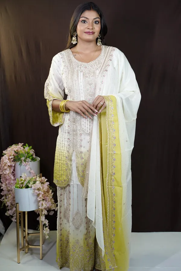 White_And_Yellow_Georgette_Embroidered_Kurti_Palazzo_Set_For_Women