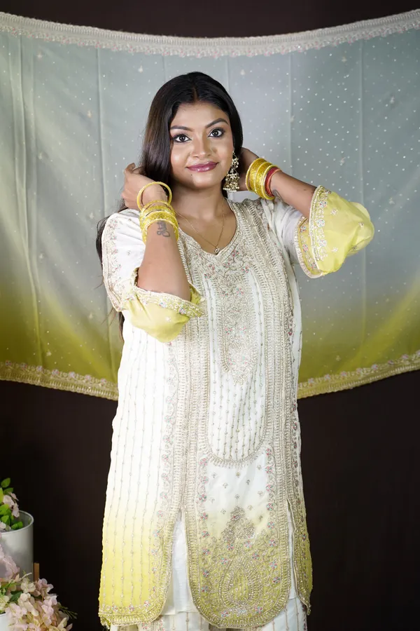 White_And_Yellow_Georgette_Embroidered_Kurti_Palazzo_Set_For_Women