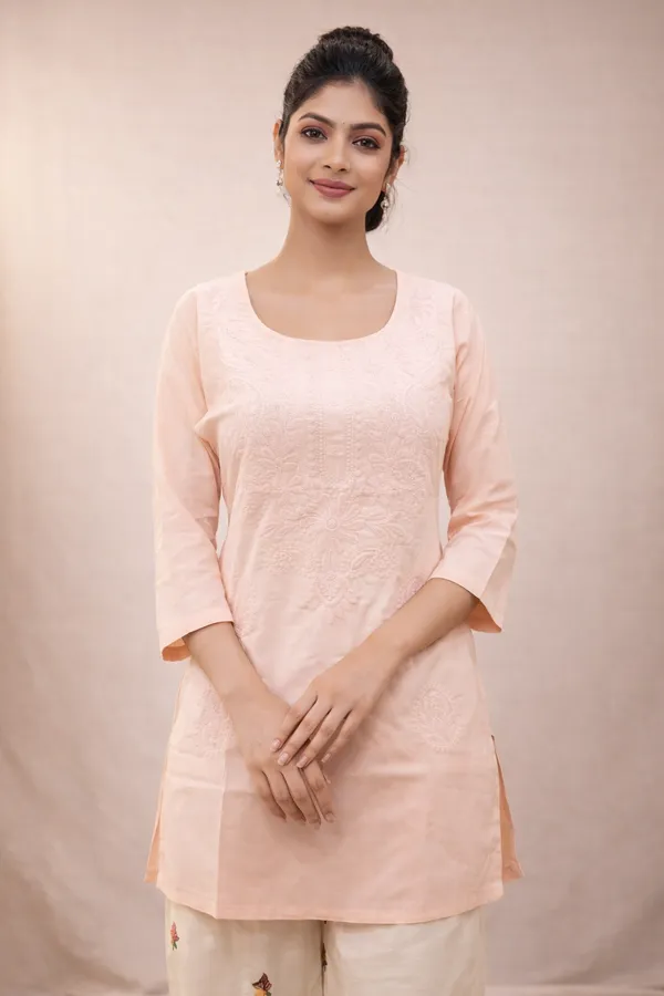 Peach_Khadi_Chikankari_Regular_Fit_Kurti_For_Women