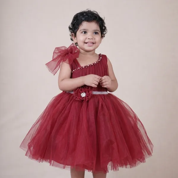 Wine_Red_Soft_Net_One-Shoulder_Layered_Party_Frock_For_Girls