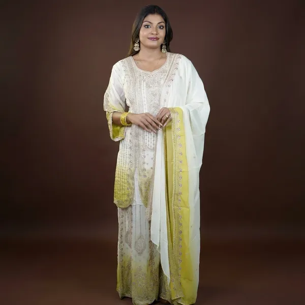 White_And_Yellow_Georgette_Embroidered_Kurti_Palazzo_Set_For_Women