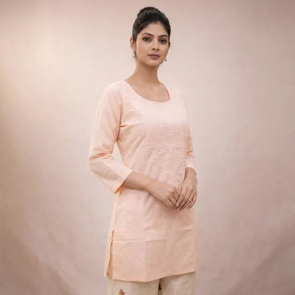 Peach_Khadi_Chikankari_Regular_Fit_Kurti_For_Women