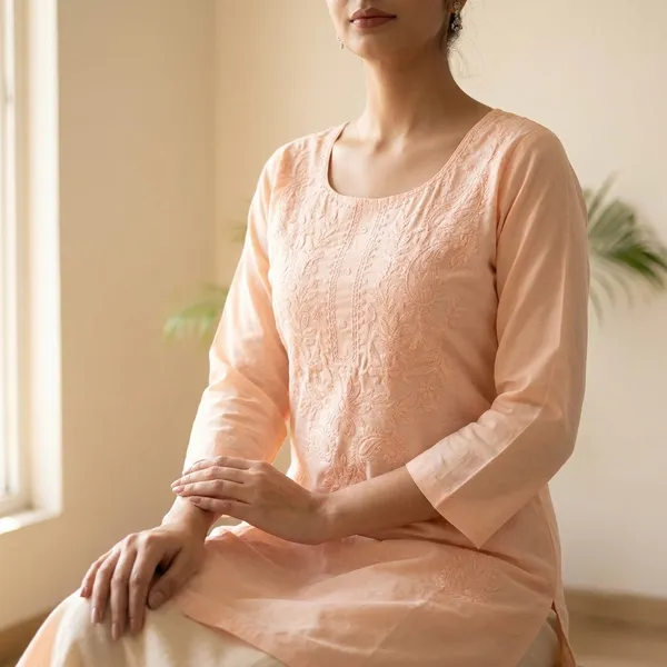 Peach_Khadi_Chikankari_Regular_Fit_Kurti_For_Women
