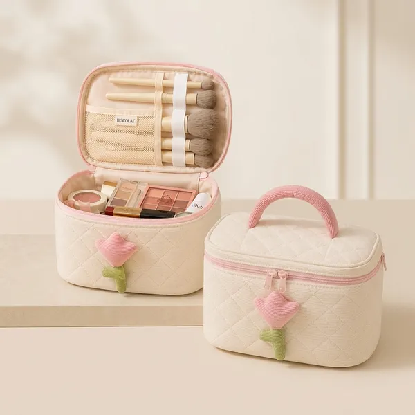 Cream_Fabric_Velvet_Mix_Cosmetic_Organizer_Bag_For_Women