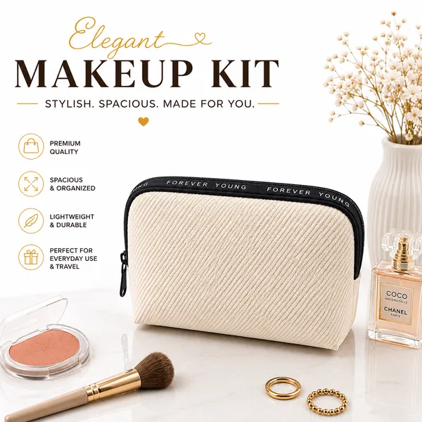 Cream_Non_Leather_Pu_Makeup_Organizer_Pouch_For_Women