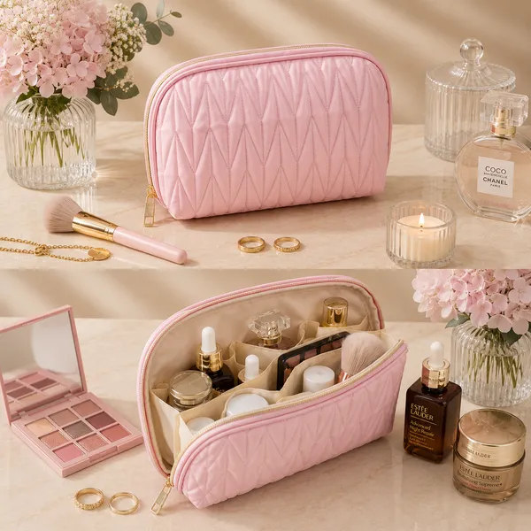 Pink_Pu_Non_Leather_Makeup_Organizer_Bag_For_Women