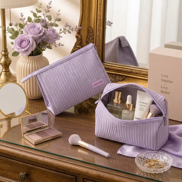 Lavender_Pu_Non_Leather_Cosmetic_Bag_Set_For_Women