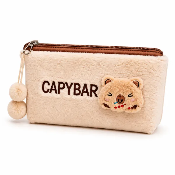 Beige_Fur_Fabric_Makeup_Pouch_For_Women