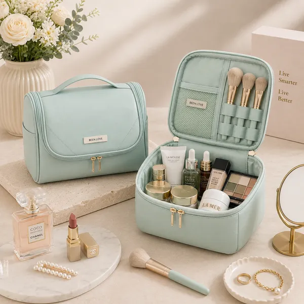 Mint_Green_Teflon_Fabric_Makeup_Organizer_Bag_For_Women