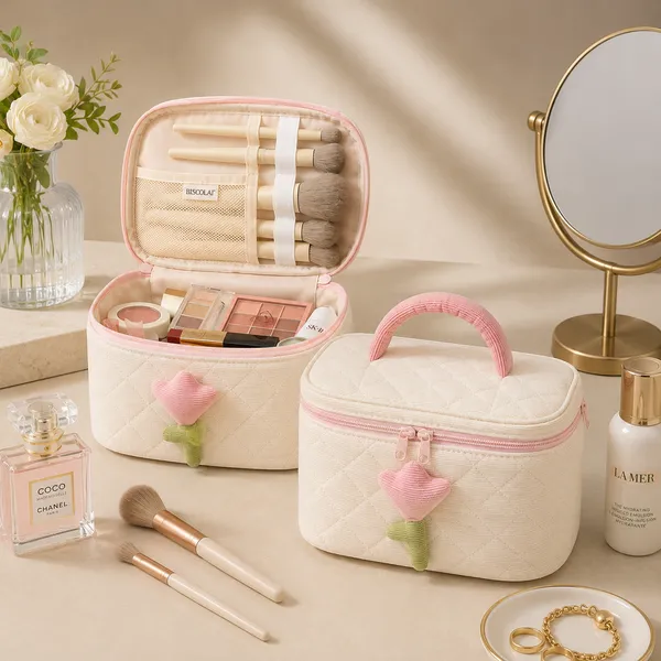 Cream_Fabric_Velvet_Mix_Cosmetic_Organizer_Bag_For_Women