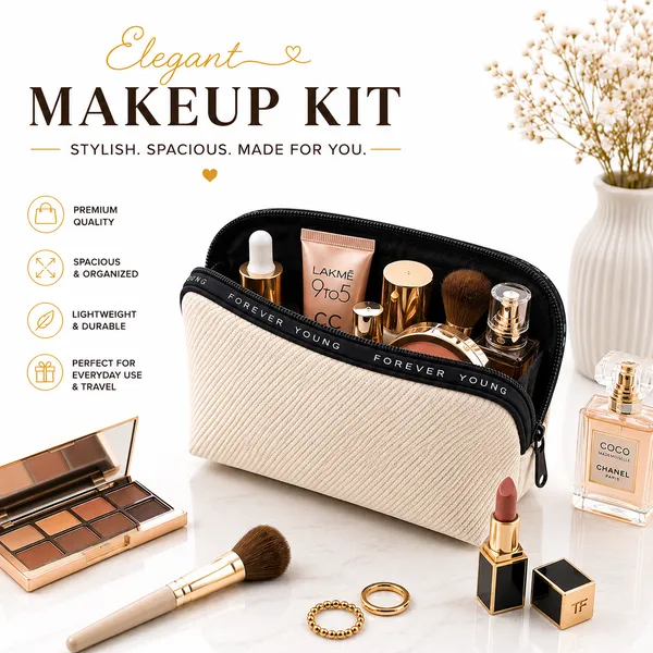 Cream_Non_Leather_Pu_Makeup_Organizer_Pouch_For_Women