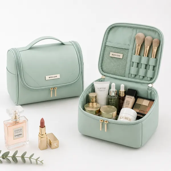 Mint_Green_Teflon_Fabric_Makeup_Organizer_Bag_For_Women