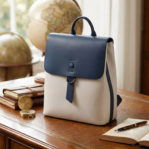 White_And_Navy_Blue_Pu_Non_Leather_Backpack_For_Women