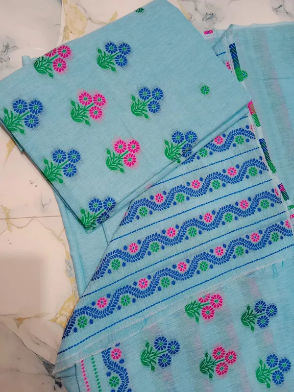 Sky_Blue_Cotton_Floral_Embroidered_Mekhela_Sador_For_Women