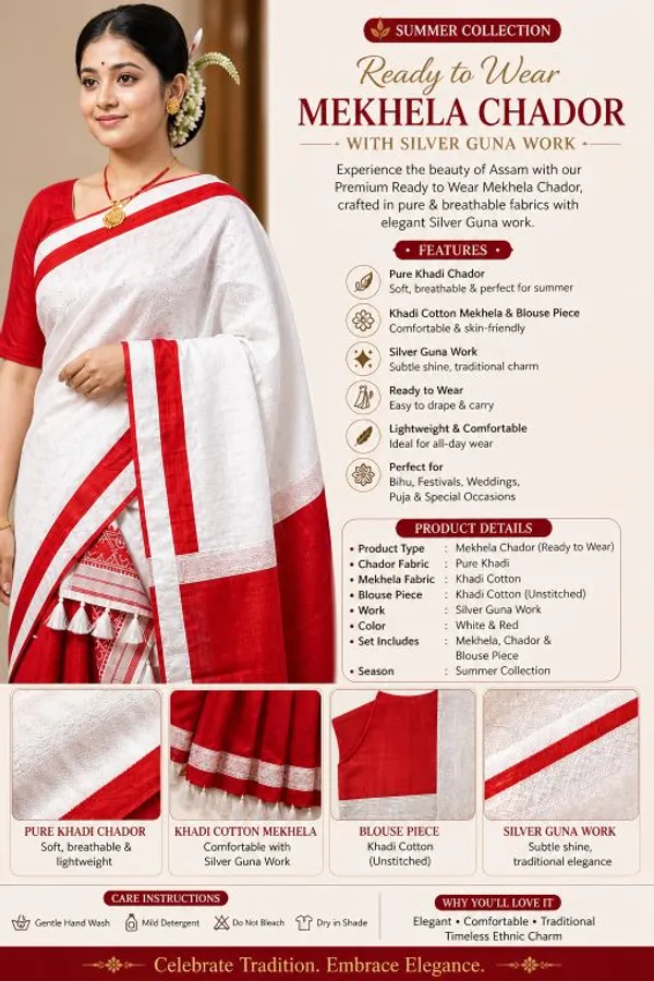 White_Red_Cotton_Khadi_Mekhela_Chador_With_Silver_Guna_Work_For_Women