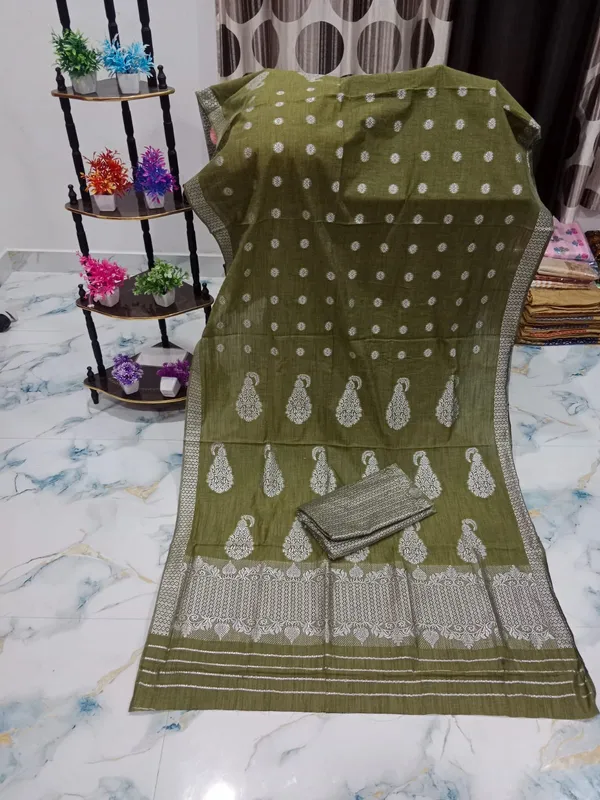 Olive_Green_And_Silver_Cotton_Zari_Work_Mekhela_Sador_For_Women