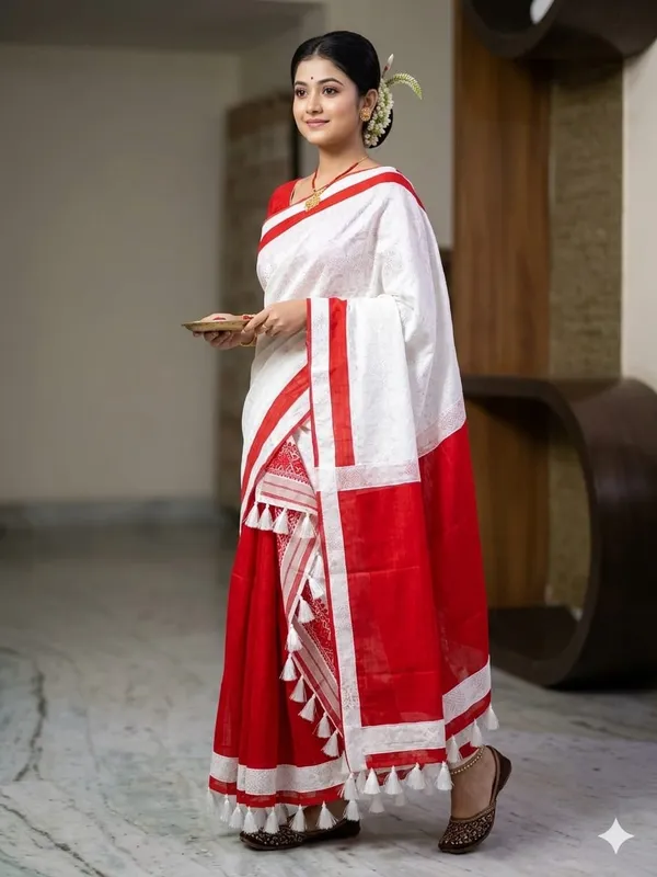 White_Red_Cotton_Khadi_Mekhela_Chador_With_Silver_Guna_Work_For_Women